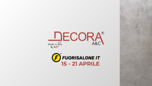 Decora A&C logo with "Made in Italy" and Fuorisalone.it event details.