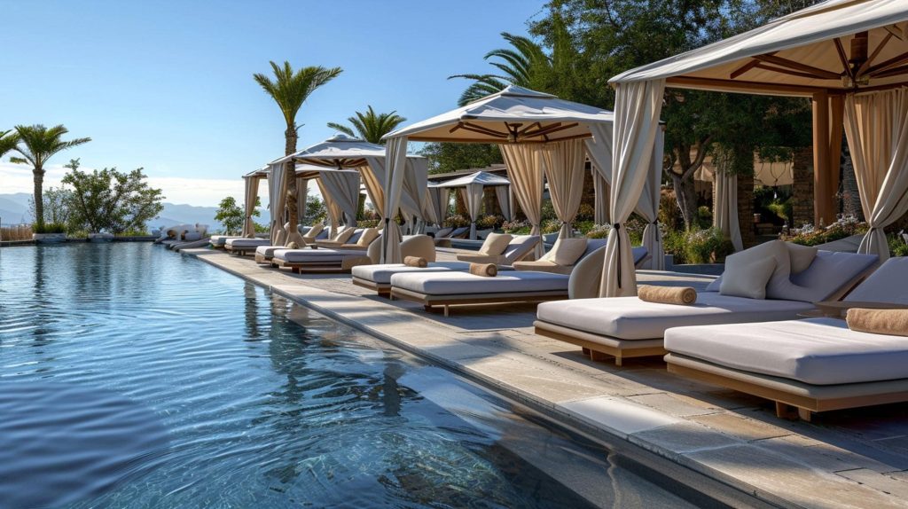 A luxurious outdoor poolside lounge with private cabanas, elegant sunbeds, and a scenic view of distant mountains under a clear blue sky.
