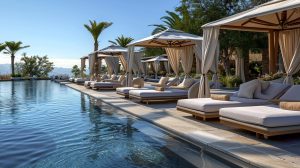 A luxurious outdoor poolside lounge with private cabanas, elegant sunbeds, and a scenic view of distant mountains under a clear blue sky.