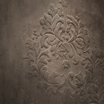 A luxurious dark-toned lime wall with an elegant embossed baroque floral pattern.