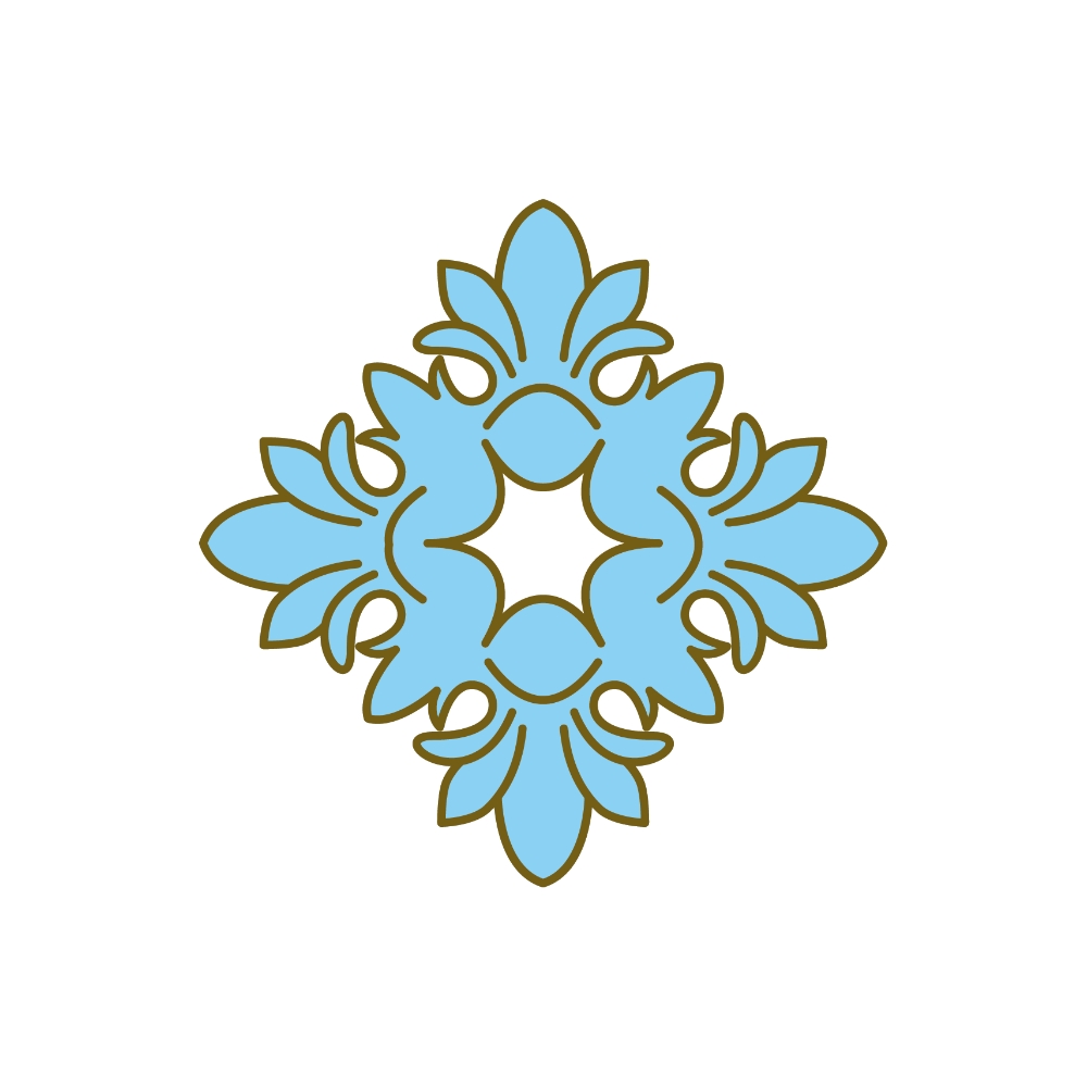 A decorative stencil design in light blue featuring symmetrical floral elements, creating a balanced, elegant shape.