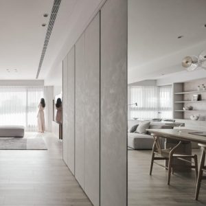 Modern Minimalist Living Space with Neutral Tones and Soft Lighting