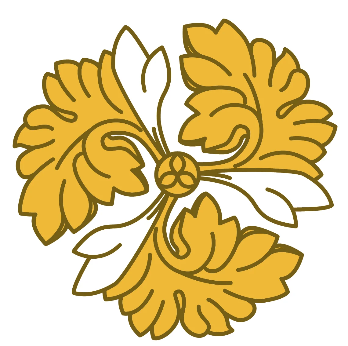 A yellow floral stencil design with four symmetrical petals and leaf motifs, perfect for decorative painting and lime-based applications.