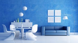 Modern Living Room with Blue Accent Wall and White Furniture