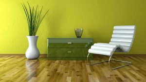 Modern Living Room with Yellow Wall and Green Furniture