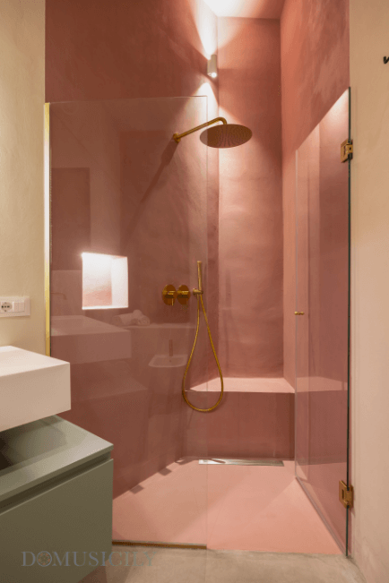 Modern Pink Shower with Brass Fixtures