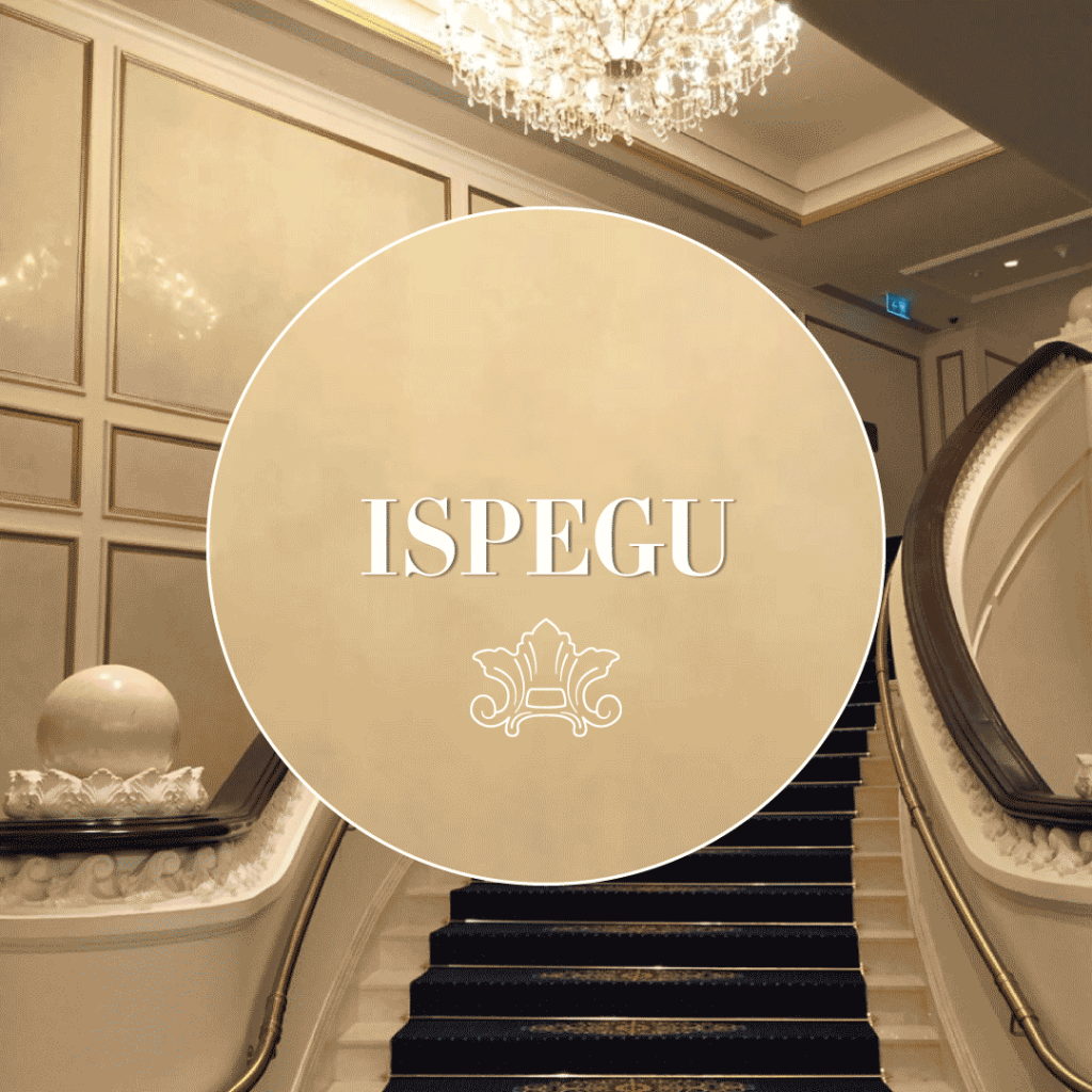 ISPEGU logo with a crown motif on a speckled beige background.