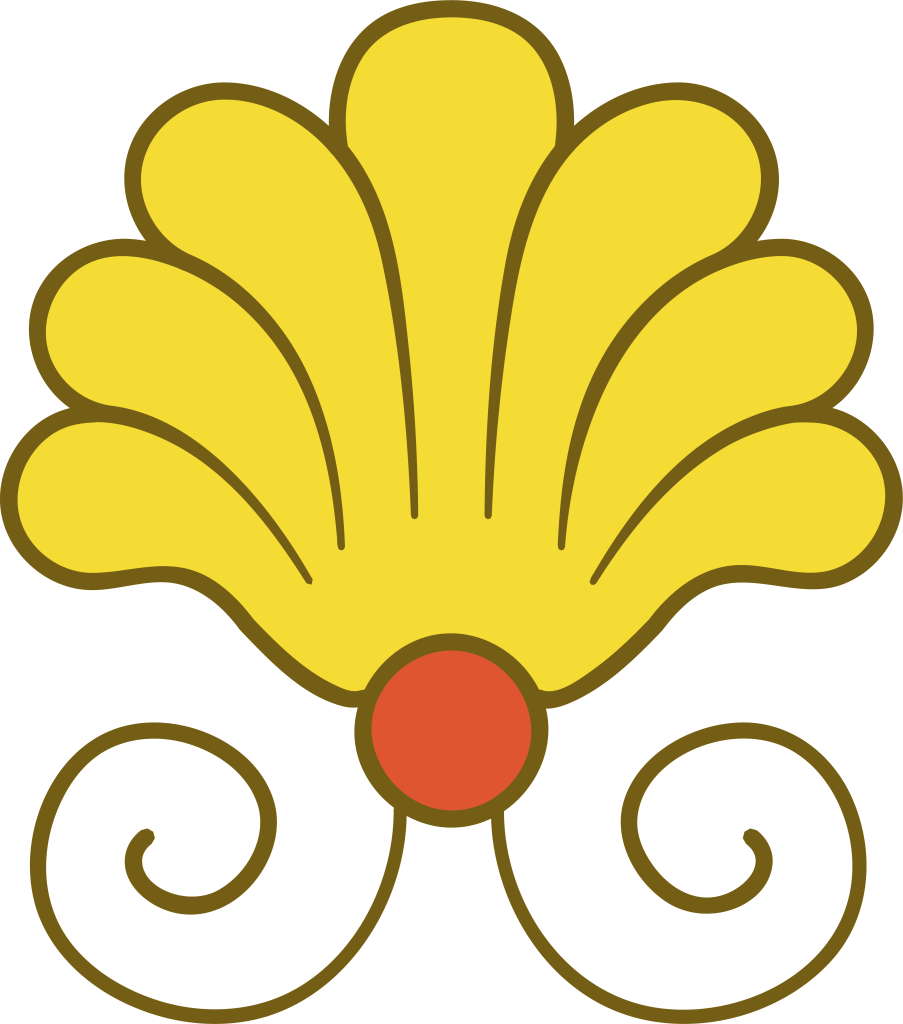 Yellow decorative motif with seashell design and red accent