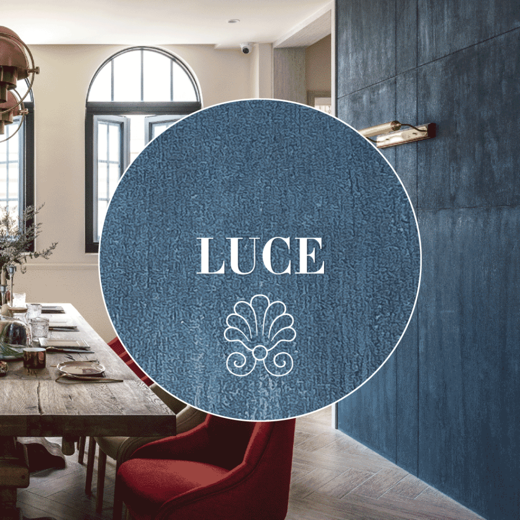 LUCE logo with a crown motif on a textured blue background.