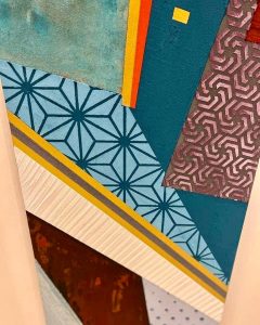 Abstract geometric stencil artwork featuring various textured patterns, lines, and shapes in vibrant colors.