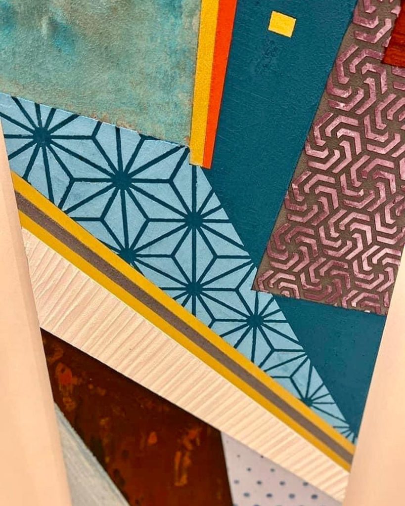 Abstract geometric stencil artwork featuring various textured patterns, lines, and shapes in vibrant colors.