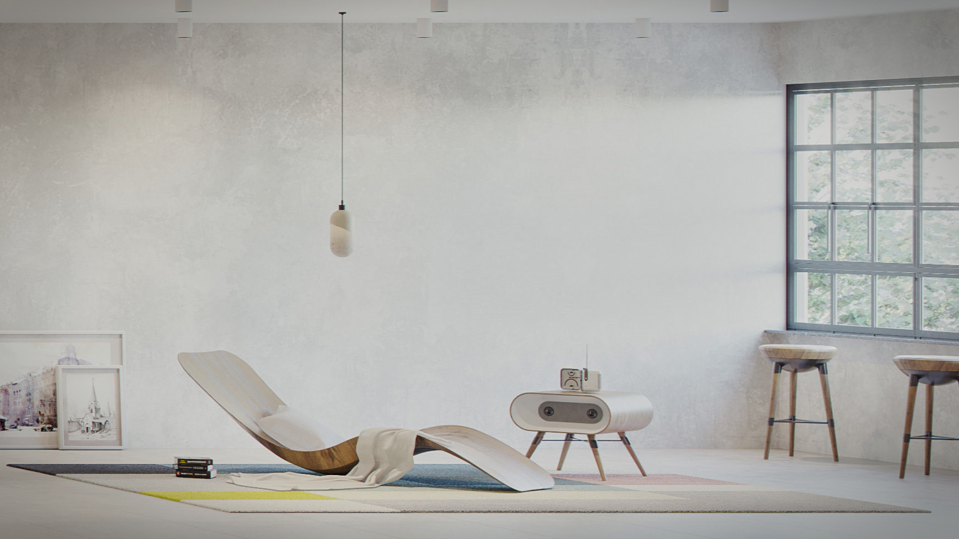Modern minimalist living room with lounge chair, patterned rug, and a retro-style speaker.