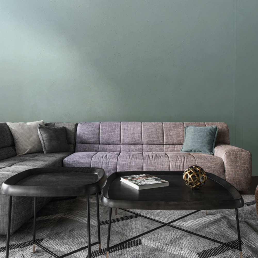 Cozy living room featuring a modern gray sectional sofa against a muted green wall, showcasing lime-based paint finish.