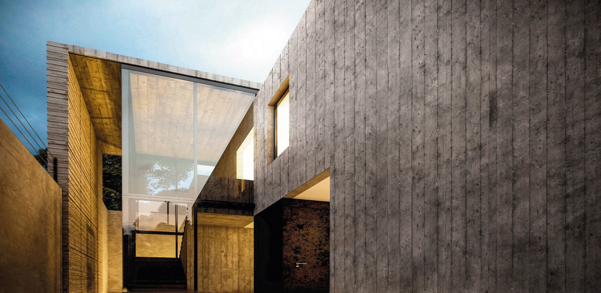 Modern architectural design showcasing concrete walls with large glass windows and a sleek entrance leading to stairs