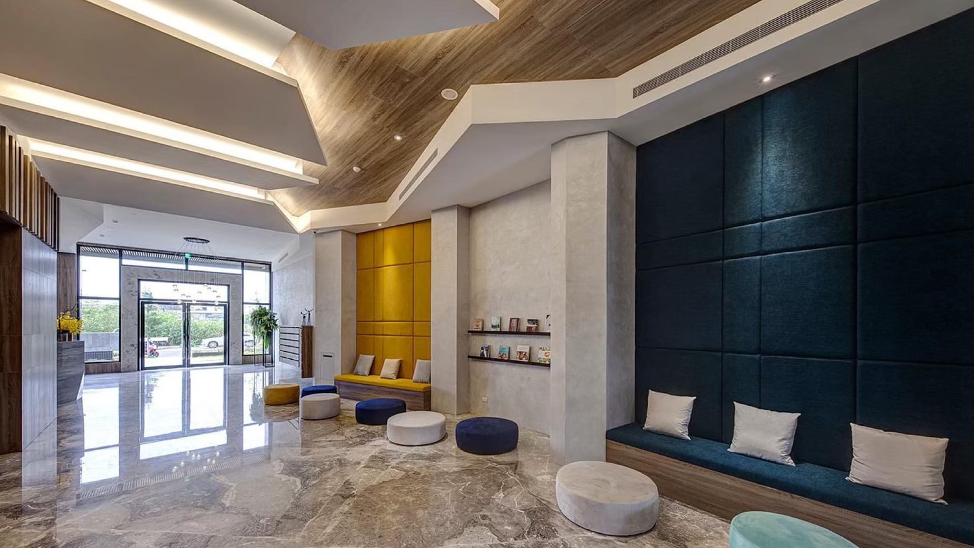 Modern lobby with colorful seating and contemporary design