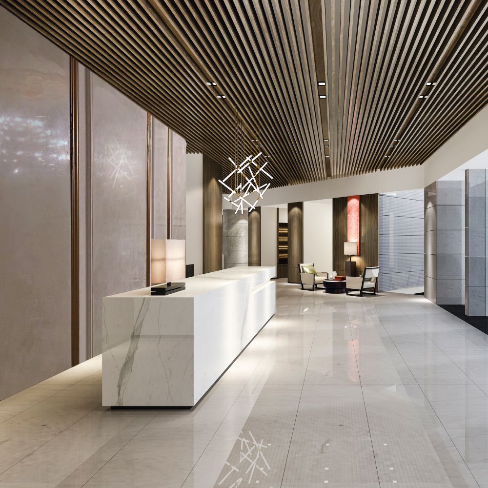 Modern lobby with marble counter, wooden ceiling, and contemporary seating area