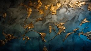 Dark textured wall with golden leaf patterns.