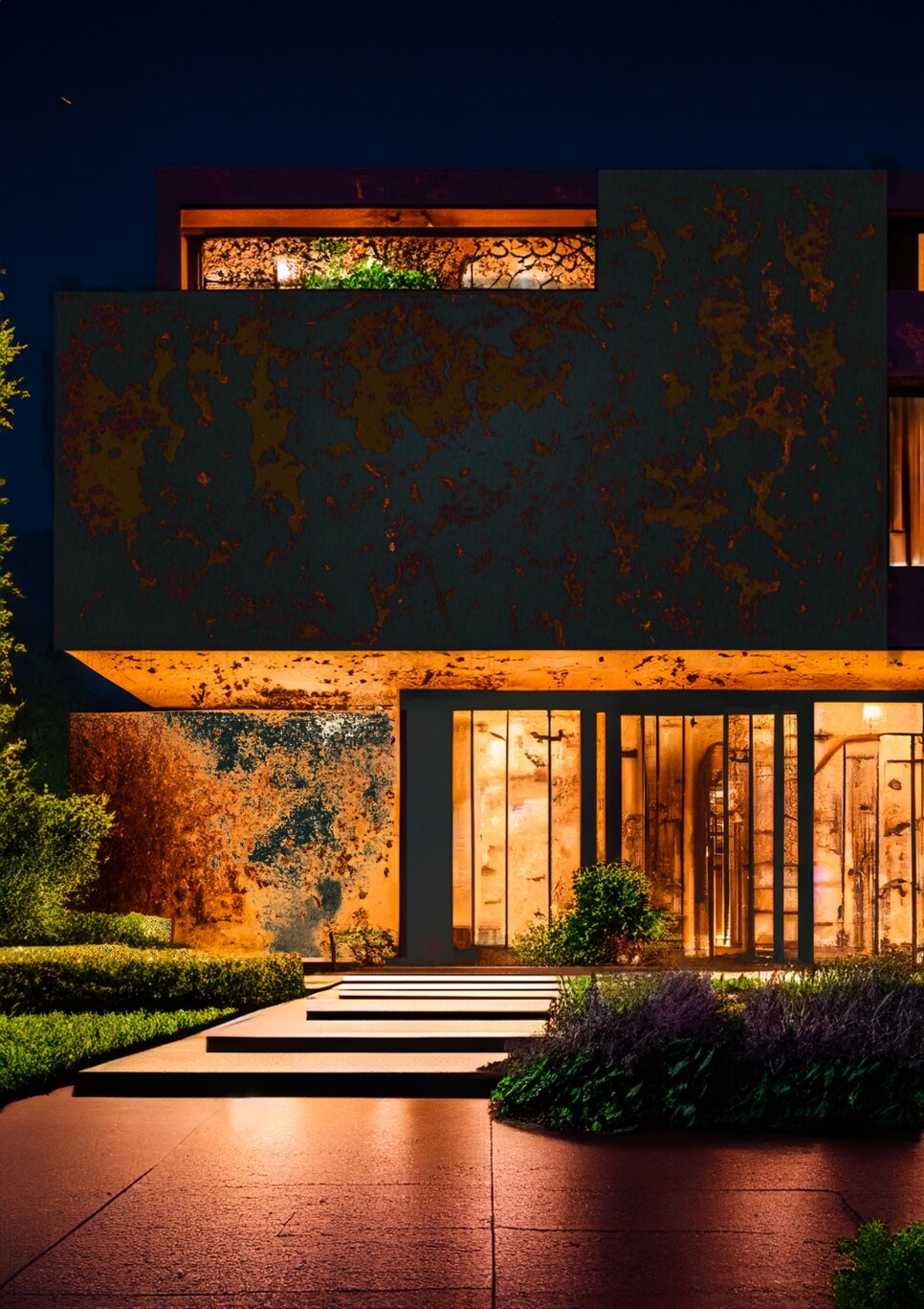 Rusted Modern Building Facade with Illuminated Windows at Night