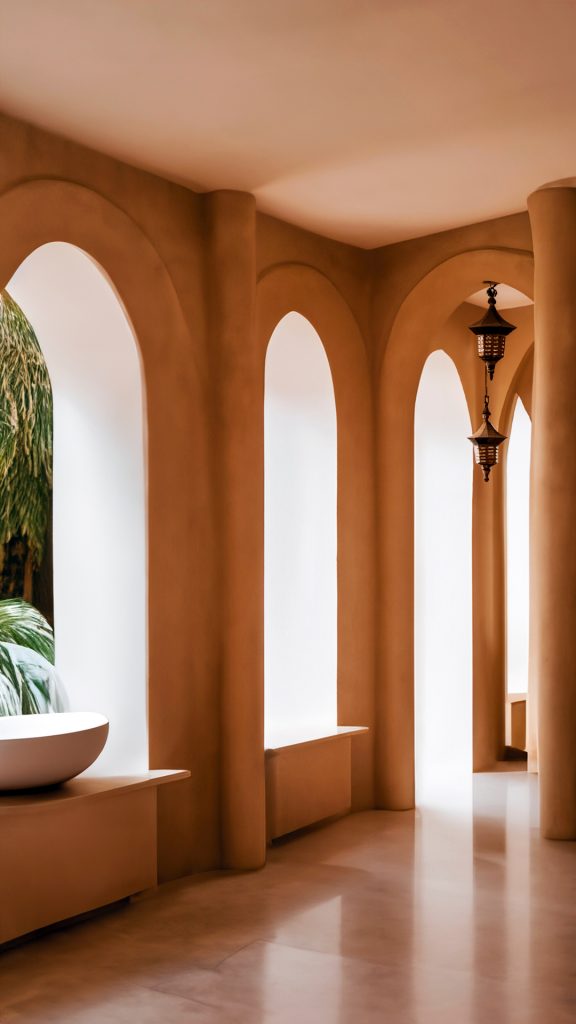 Modern interior with arched windows and lamps, featuring smooth earthy tones and clean lines.