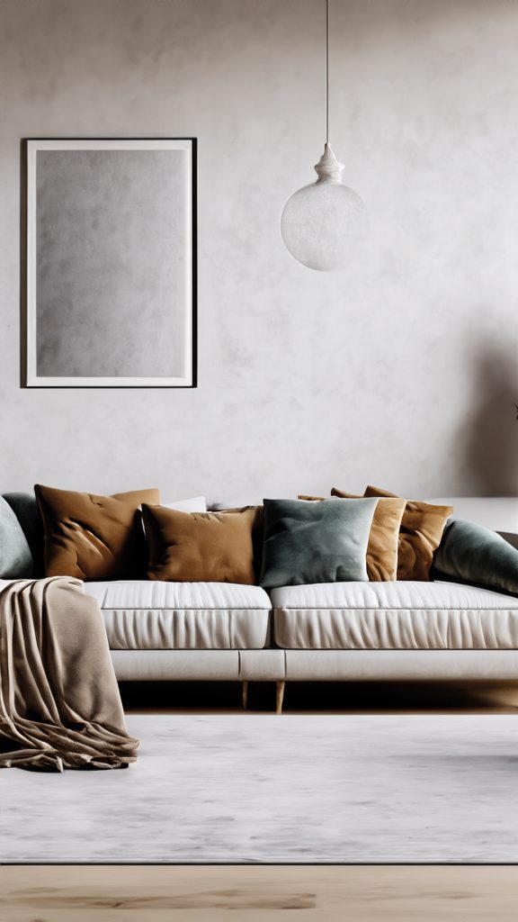 Modern living room with a white sofa, plush pillows, and minimalist decor.