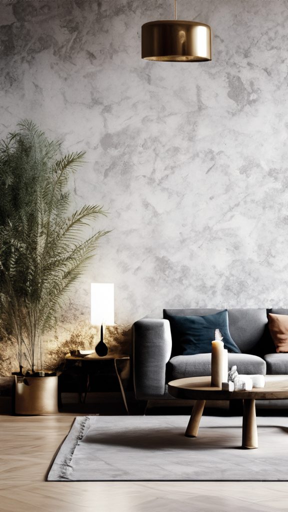 Modern living room with grey Venetian plaster wall, gold accents, and minimalist decor.