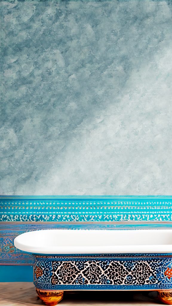 Ornate clawfoot bathtub with intricate blue and black patterns against a textured turquoise wall.