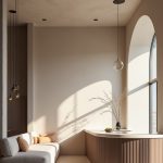 Minimalist Mediterranean living area with curved bar, arched window, and soft neutral tones.