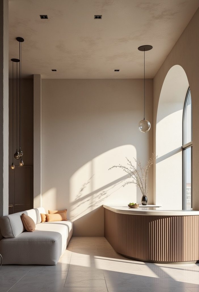 Minimalist Mediterranean living area with curved bar, arched window, and soft neutral tones.
