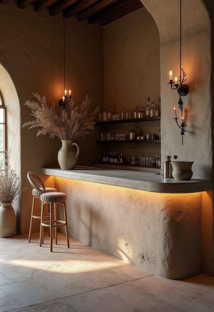 Mediterranean home bar with rustic stucco walls, open shelves, and soft ambient lighting.