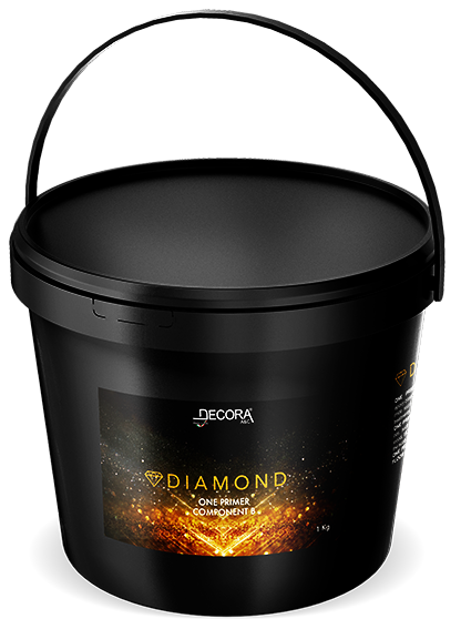 Black 4 kg bucket of Decora Diamond Primer Component A with gold spark design.