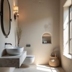 Minimal Mediterranean bathroom with rustic stucco walls, vessel sink, and natural light.