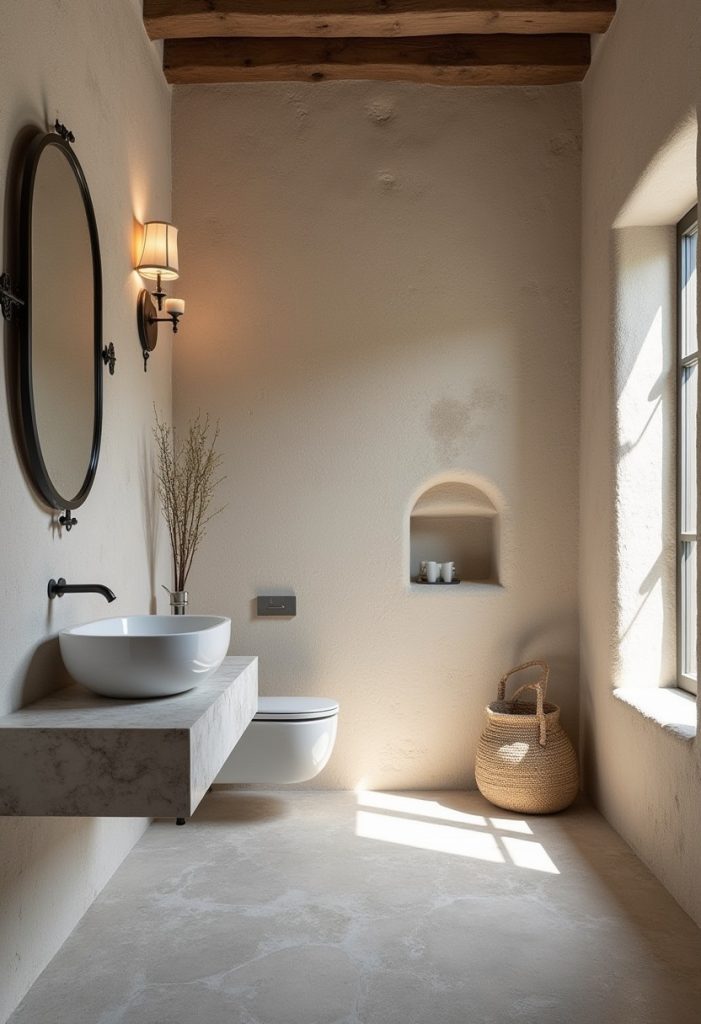 Minimal Mediterranean bathroom with rustic stucco walls, vessel sink, and natural light.