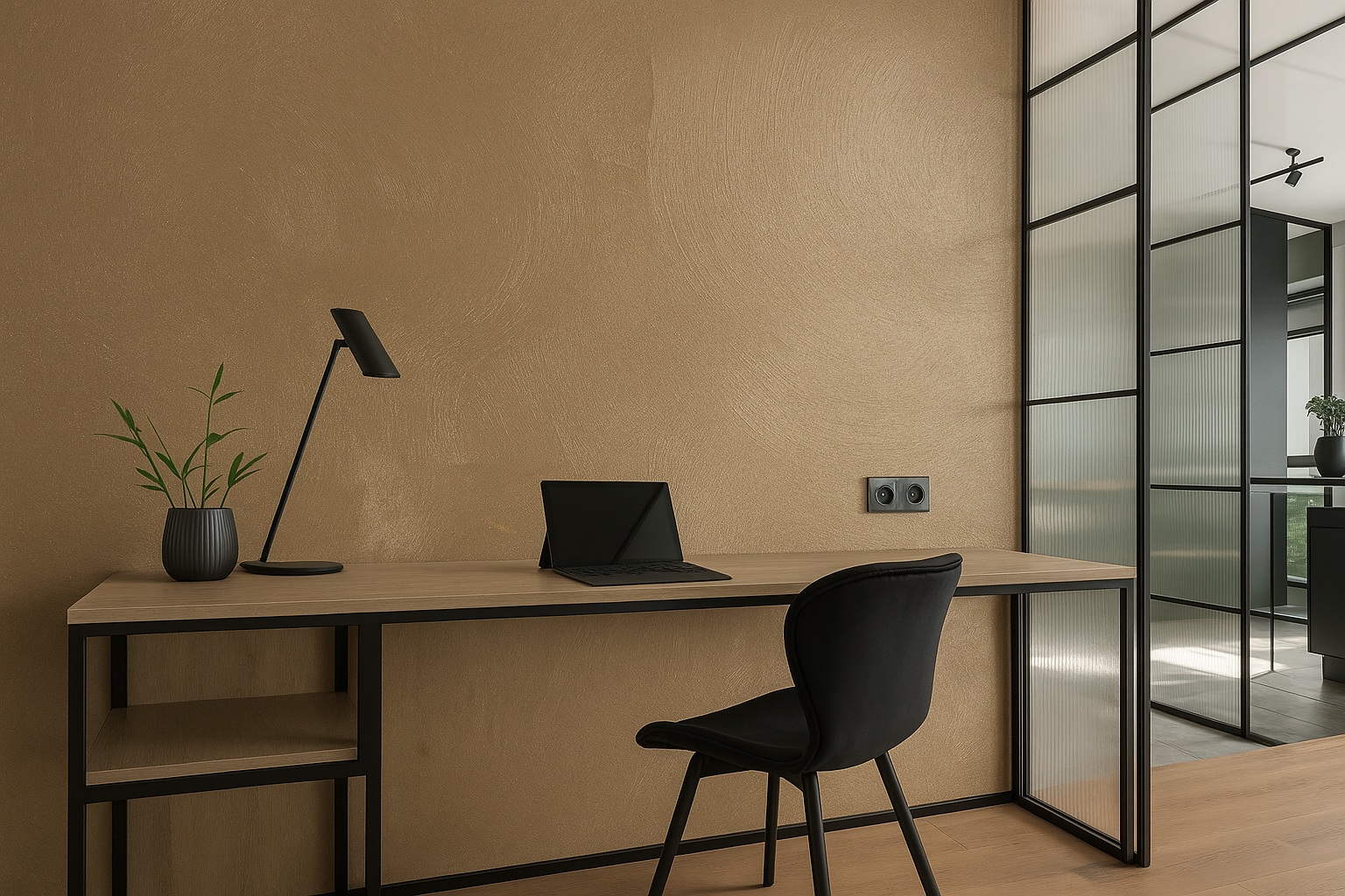 A minimalist home office featuring a sleek wooden desk, a black chair, a modern desk lamp, and a neutral-toned wall painted with Italian-inspired Era luxury paint. The space embodies sophistication and functionality.