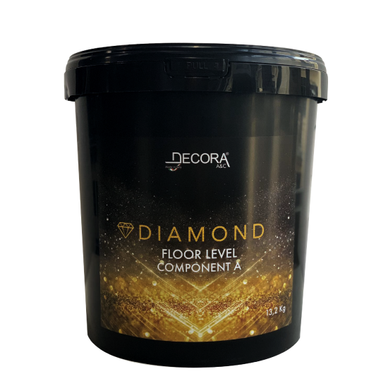 Black 4 kg bucket of Decora Diamond Primer Component A with gold spark design.