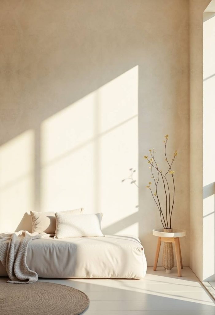 Minimalist bedroom with soft natural light and warm lime plaster walls.