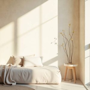 Minimalist bedroom with soft natural light and warm lime plaster walls.