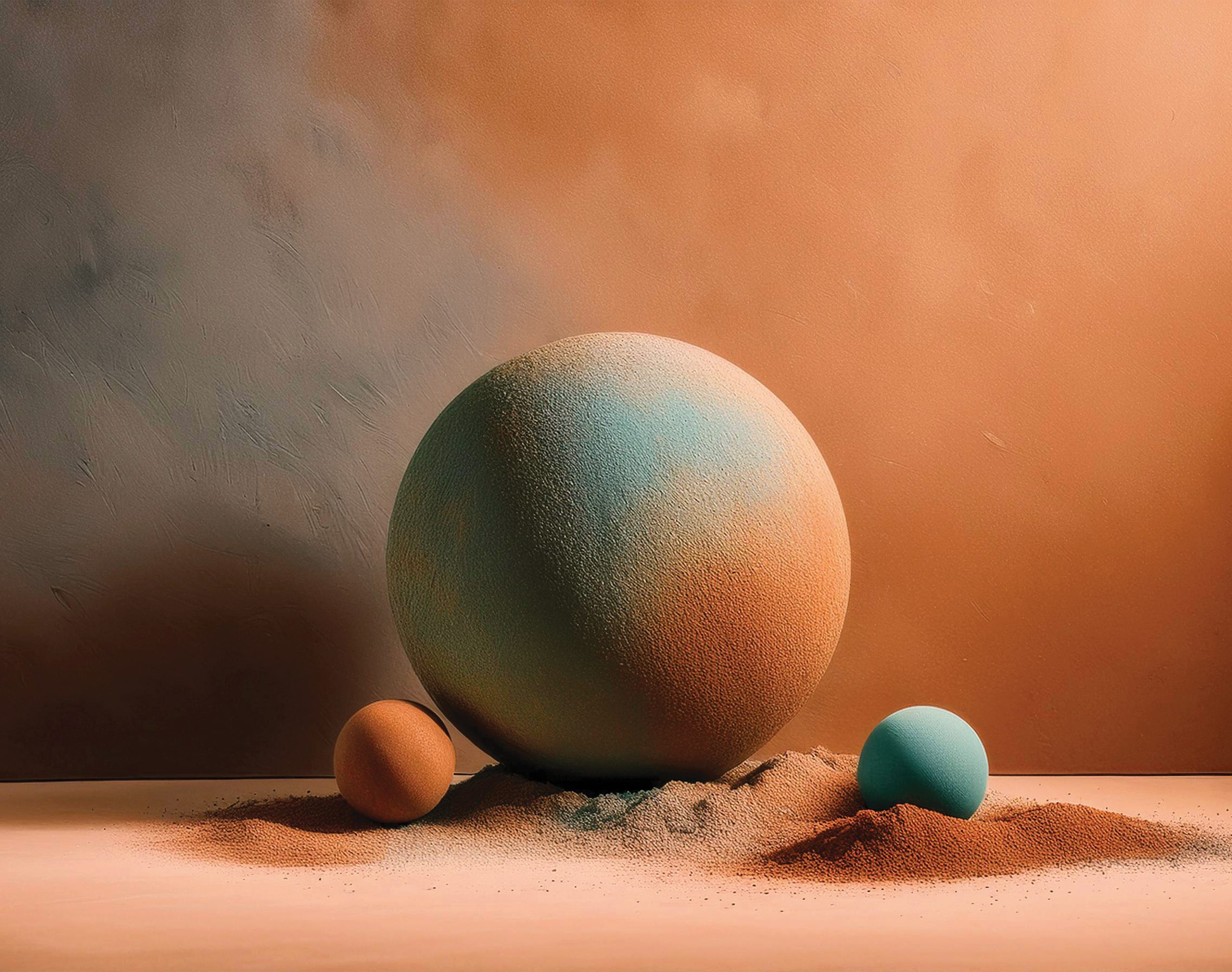 Three textured spheres and sand create an artistic representation of potential transformations using lime-based paint.