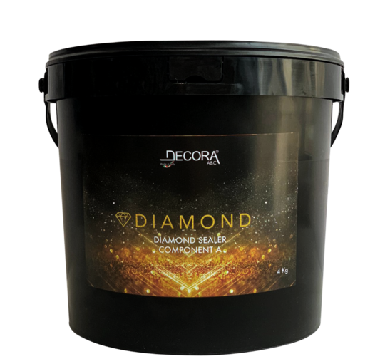 Black 4 kg bucket of Decora Diamond Primer Component A with gold spark design.