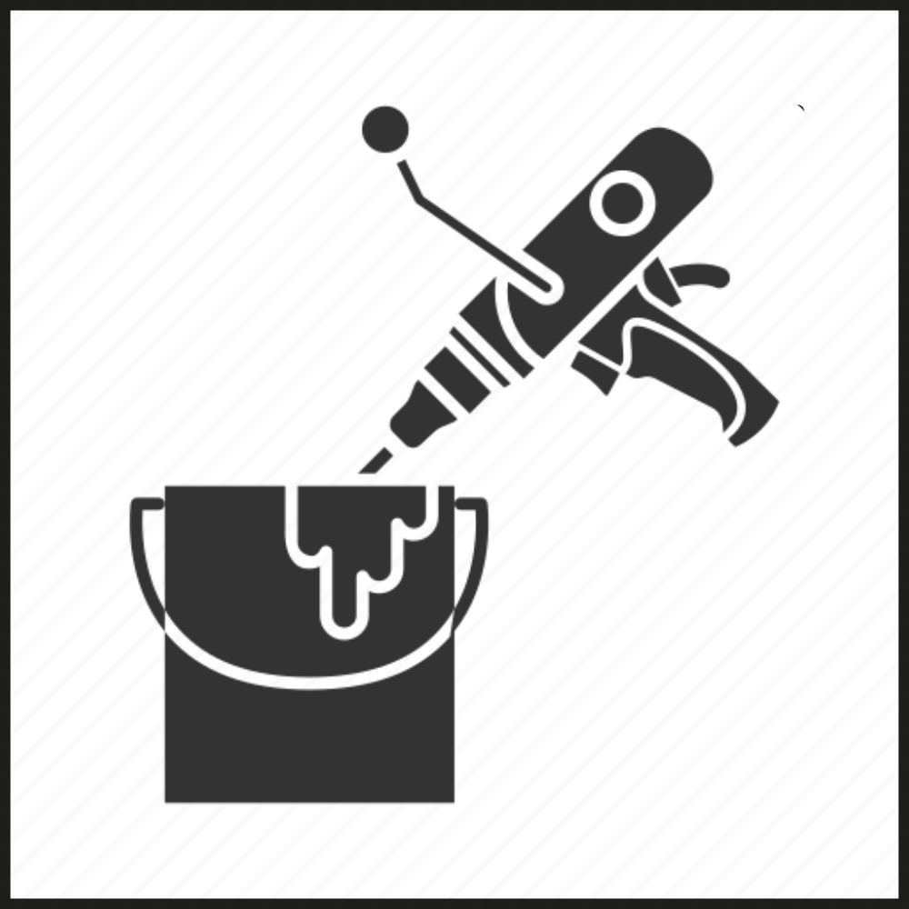 Black icon of a paint spray gun above a dripping paint bucket.