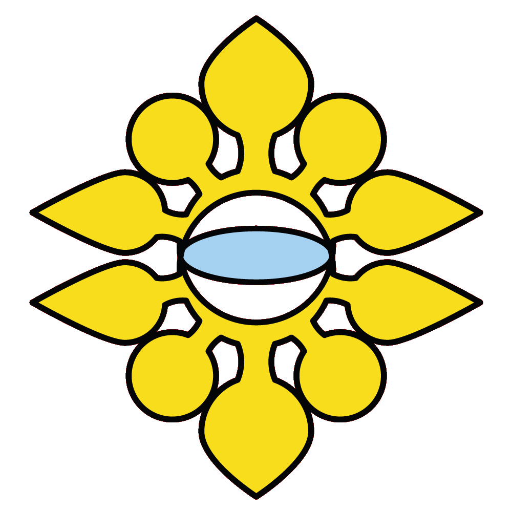 Symmetrical yellow lotus-like emblem with blue central oval on a transparent background.