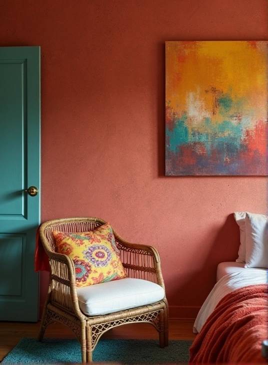 Earthy red lime paint bedroom walls with soft mineral texture by Decora A&C
