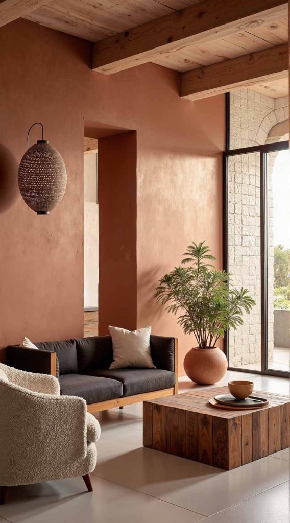Earthy terracotta lime paint living room walls with natural mineral texture by Decora A&C