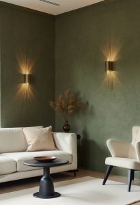 Green limewash feature walls in a modern living room by Decora A&C