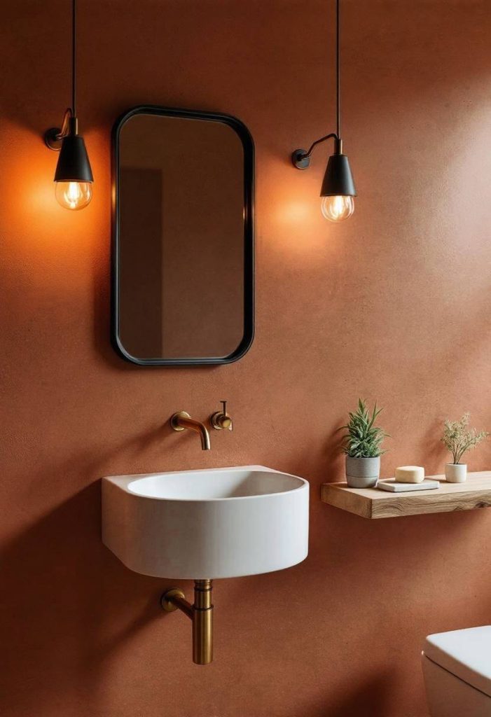 Warm terracotta tadelakt bathroom walls with brass tap and modern basin by Decora A&C