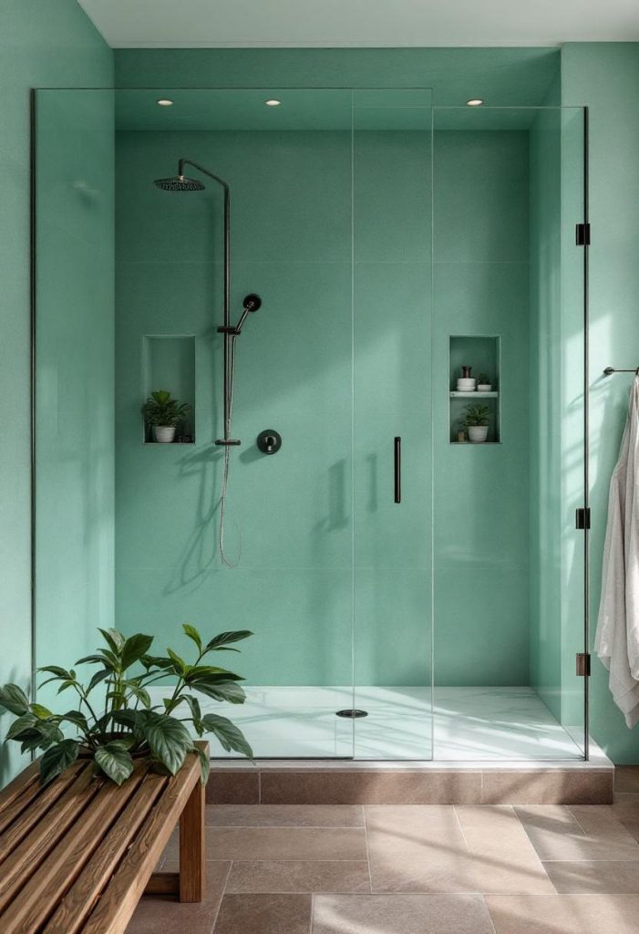 Mint green limewash shower with glass enclosure by Decora A&C