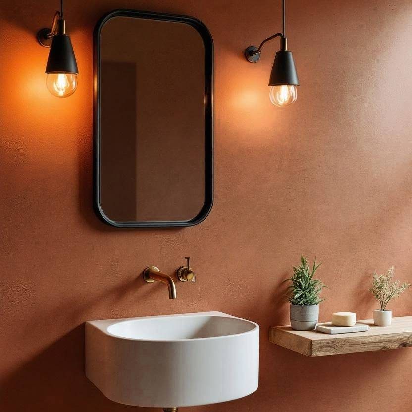 Warm terracotta tadelakt bathroom walls with brass tap and modern basin by Decora A&C