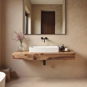 Neutral tadelakt bathroom walls with floating timber vanity by Decora A&C
