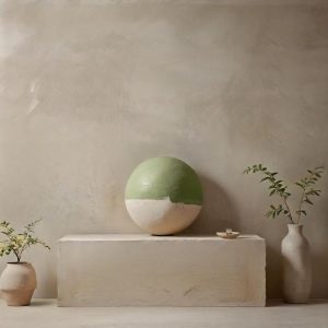 Green and white decorative sphere on a neutral-toned stone pedestal, with two minimalist vases and branches against a beige wall.