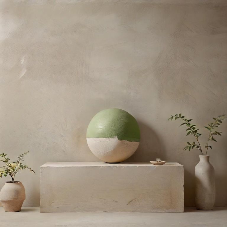 Green and white decorative sphere on a neutral-toned stone pedestal, with two minimalist vases and branches against a beige wall.