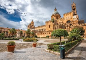 Historic Italian cathedral and plaza under dramatic sky with "Our Journey" text, symbolizing Decora A&C's heritage and mission.
